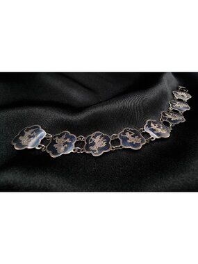 Vintage Siam Signed Sterling Silver Bracelet With Intricate Niello Panels
